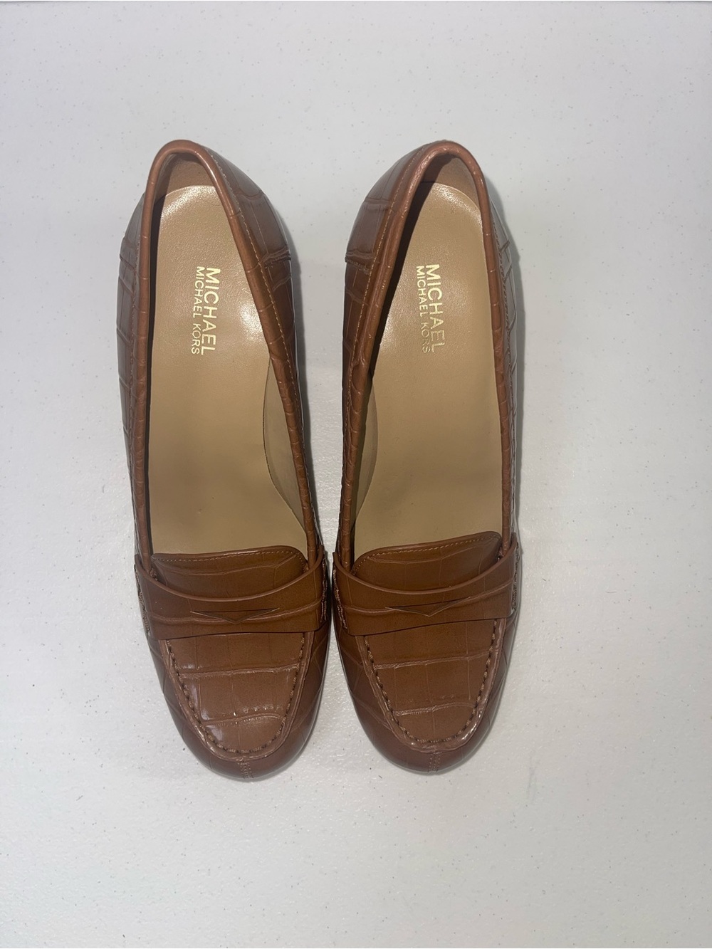 Michael Kors Cognac Croc-Embossed Leather Loafers